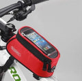 ROSWHEEL black bicycle frame bag mounted on bike frame holding mobile phone