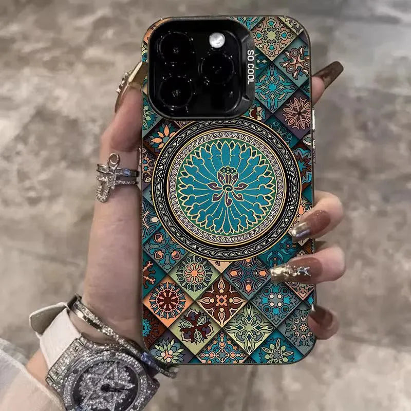 Ethnic style patterned hard PC phone case for iPhone in black, dark green, silver, and deep purple with matte anti-slip finish.