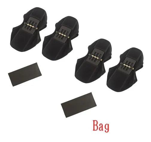 Black adjustable spring knee brace support for patella, shown on a knee with straps and venting holes.