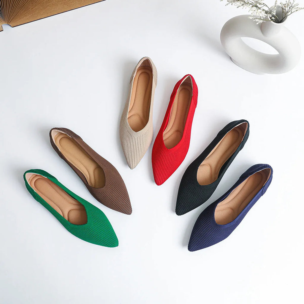 Women's knit flat pumps with pointed toe and rubber sole available in multiple colours