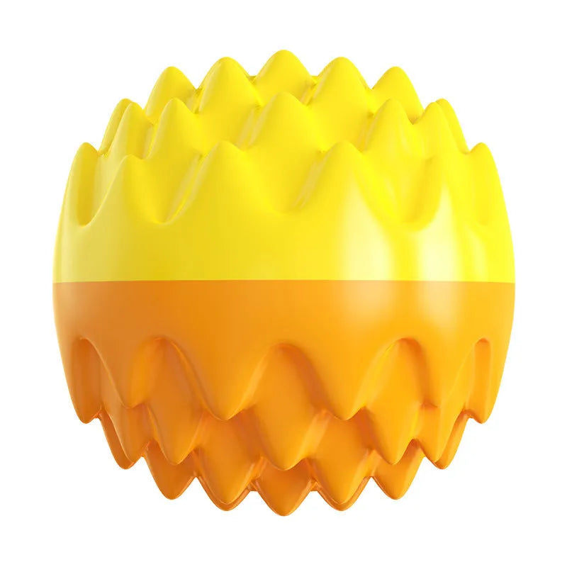 Blue and orange squeaky dog ball with spiky texture for dental cleaning