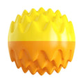 Blue and orange squeaky dog ball with spiky texture for dental cleaning