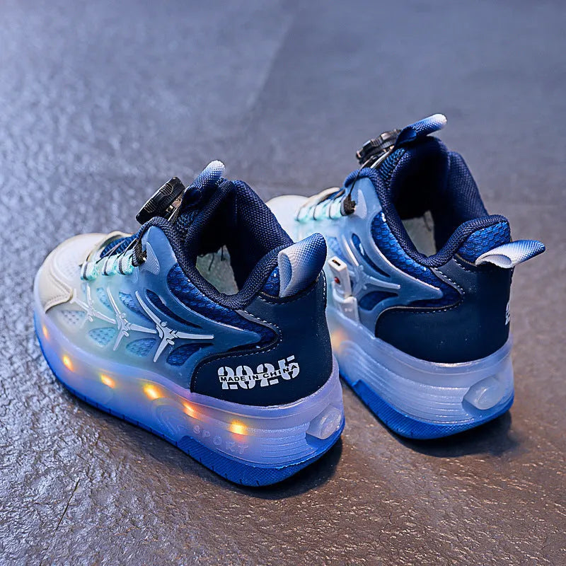 Children's striped roller skating shoes with rotary button adjustment in blue, black, and pink colours