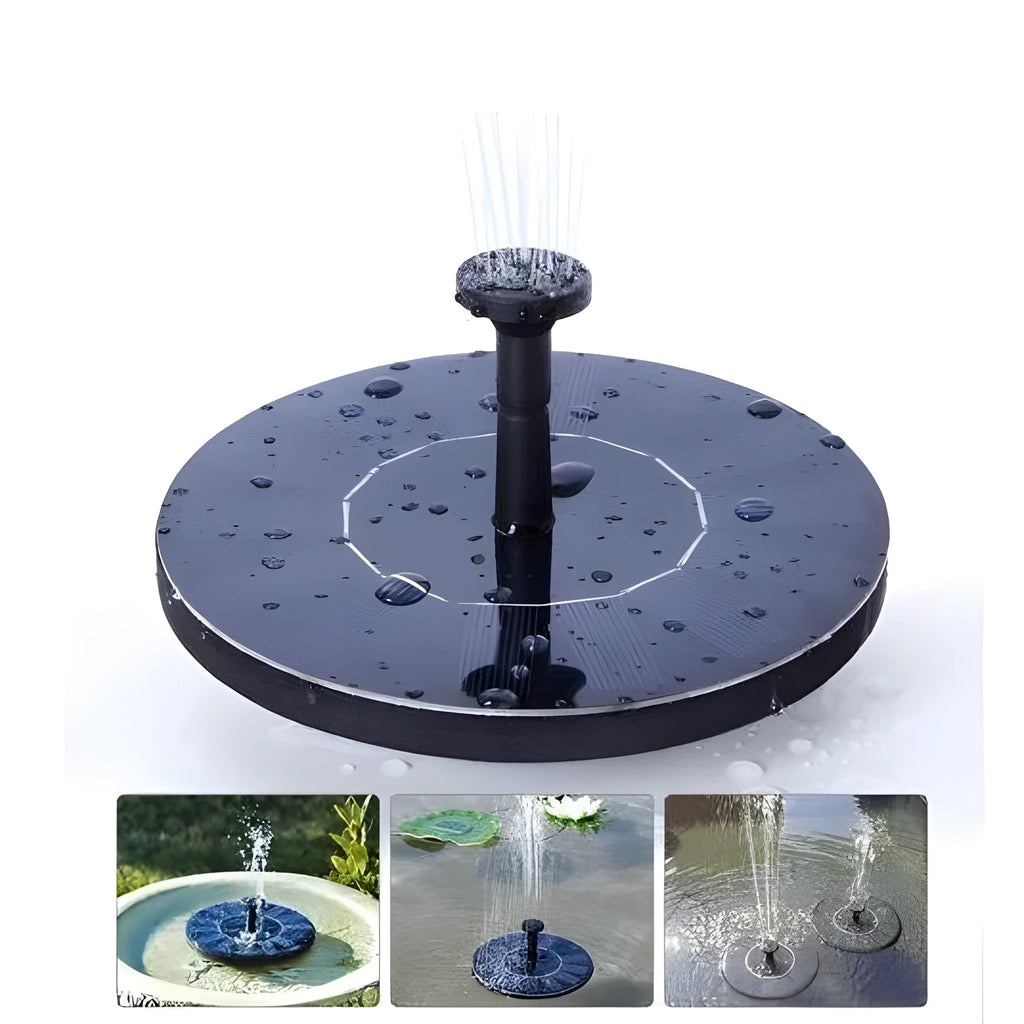 Black solar-powered water fountain pump with four different spray nozzles on a white background