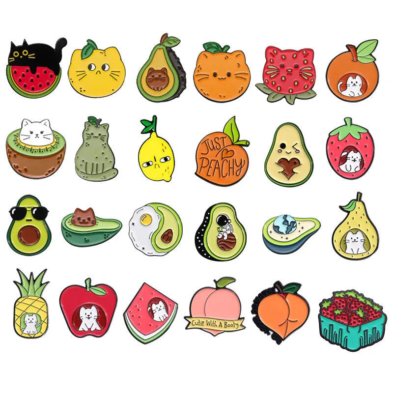Close-up of a colourful cartoon fruit and letter design zinc alloy brooch pin.