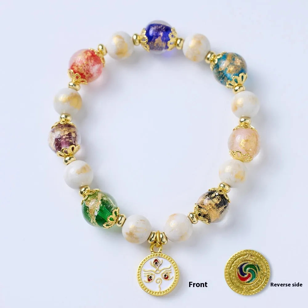 Handmade glass bracelet with five gods of wealth theme and 10mm geometric beads in national style design