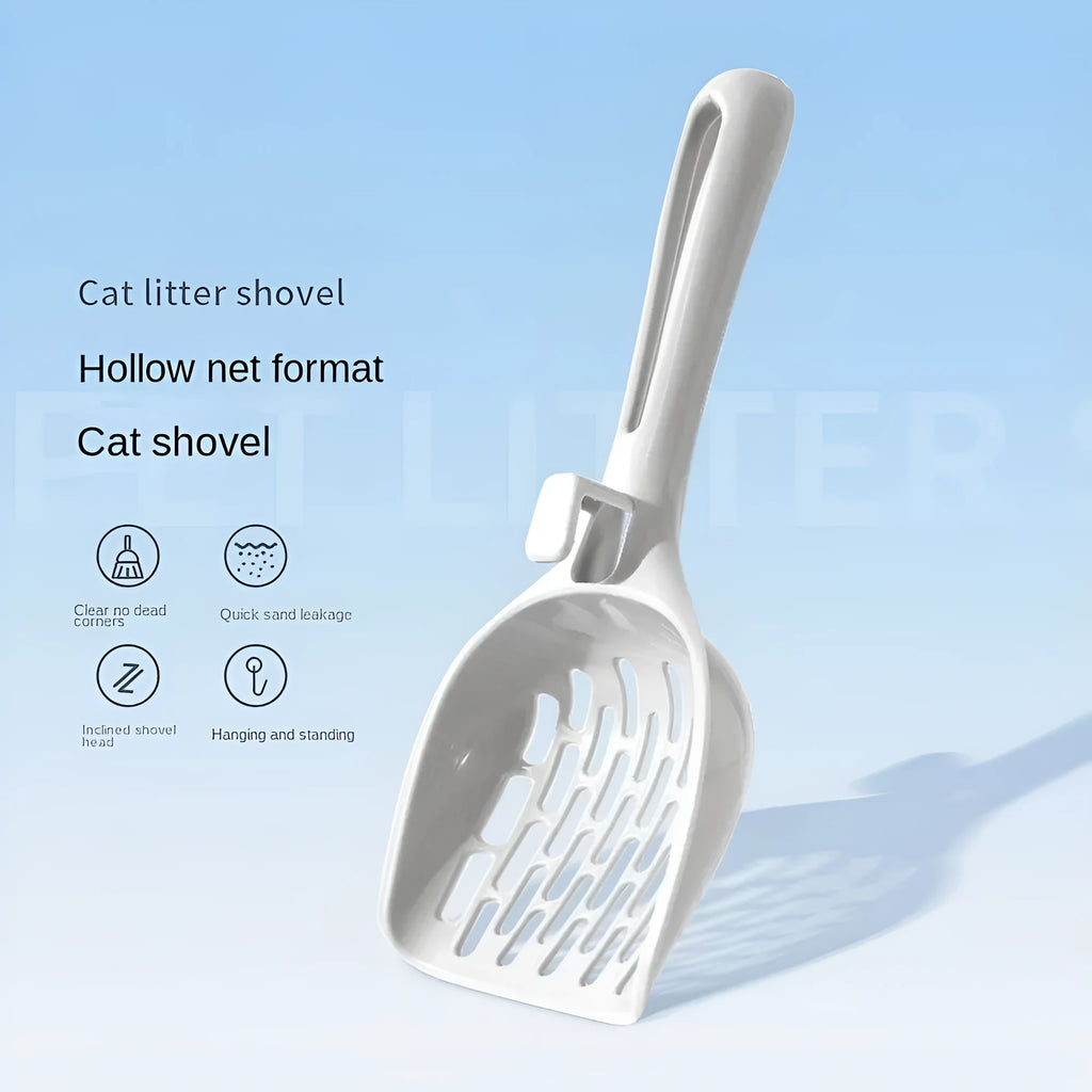 Grey plastic cat litter scoop sitting in its matching base tray