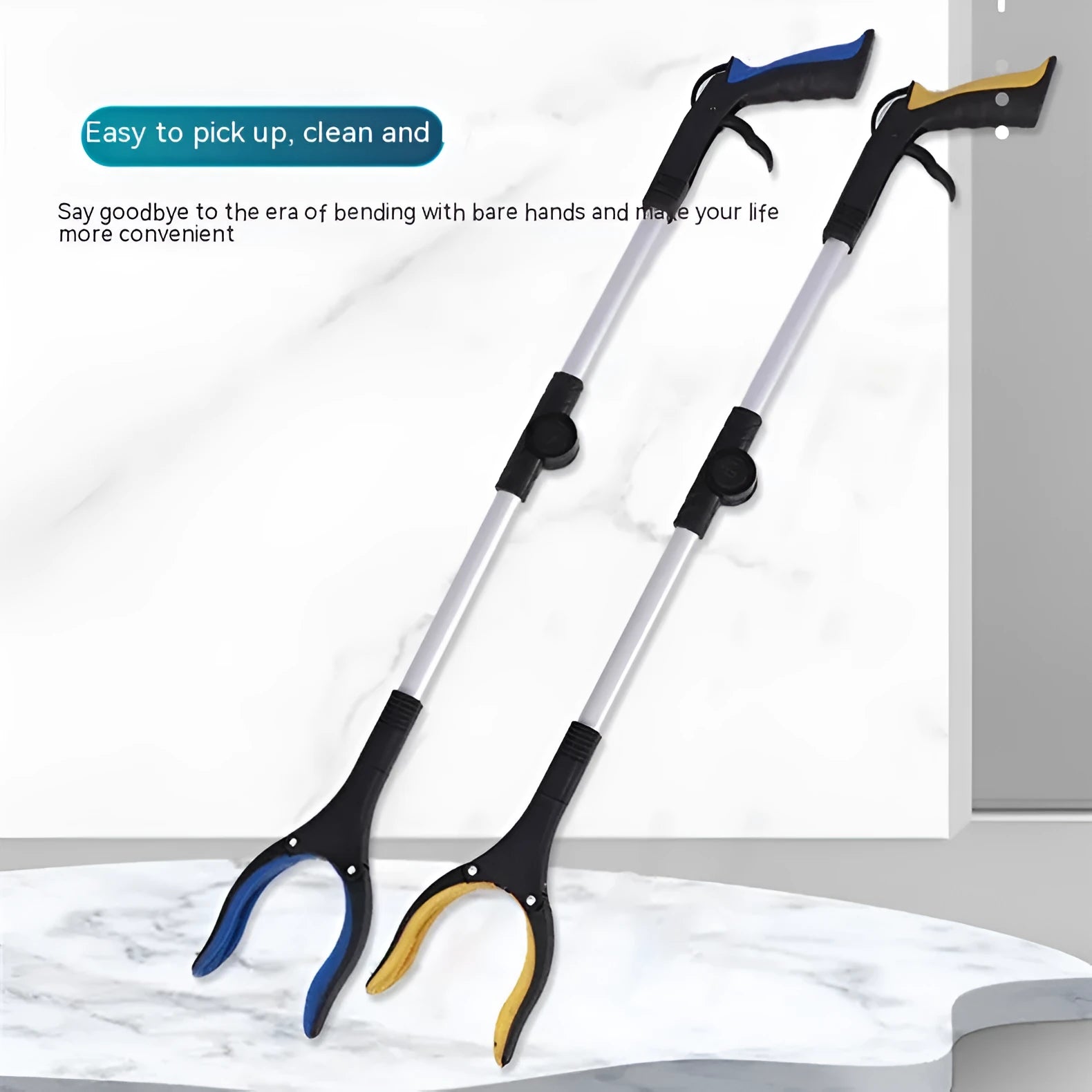 Silver foldable aluminium garbage clamp with blue handle extended to 80cm, showing magnet tip.
