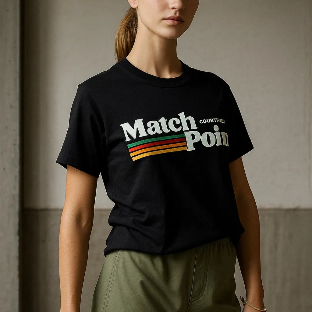 Black men's casual T-shirt with a 3D digital printed text pattern, showing round neck and short sleeves.