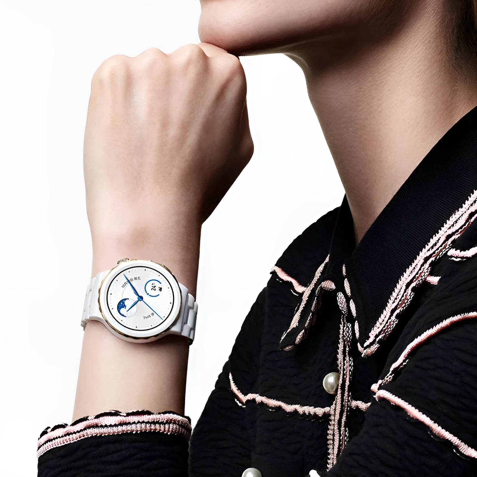 Silver wireless smart sports watch with touch screen showing health monitoring icons