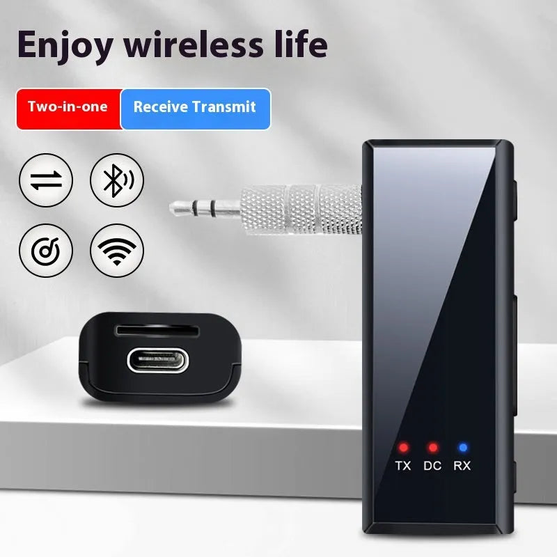 Black 35mm Bluetooth 5.4 two-in-one audio receiver and transmitter with 3.5mm plug