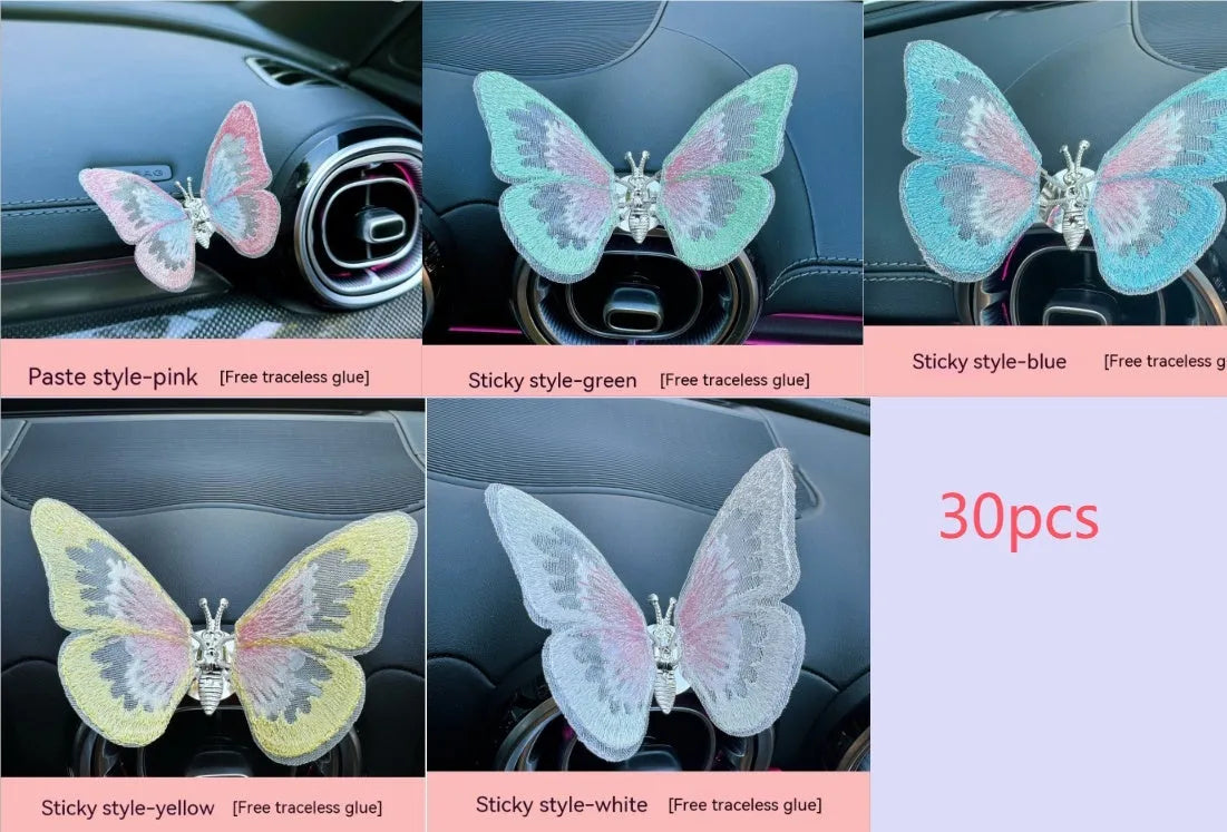 Embroidered butterfly fabric decoration for car air vent or dashboard in multiple colour options