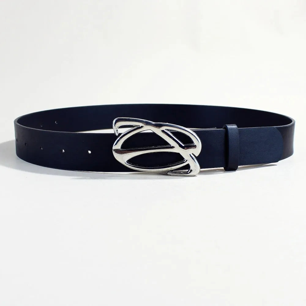 Casual silver buckle belt in PU leather with snap button fastening, showing 3.3cm width and 105cm length