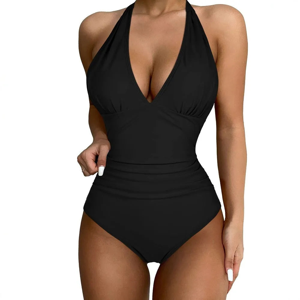 Women's one-piece swimsuit in halter neck backless slimming cut polyester printed leopard print black style for swimming