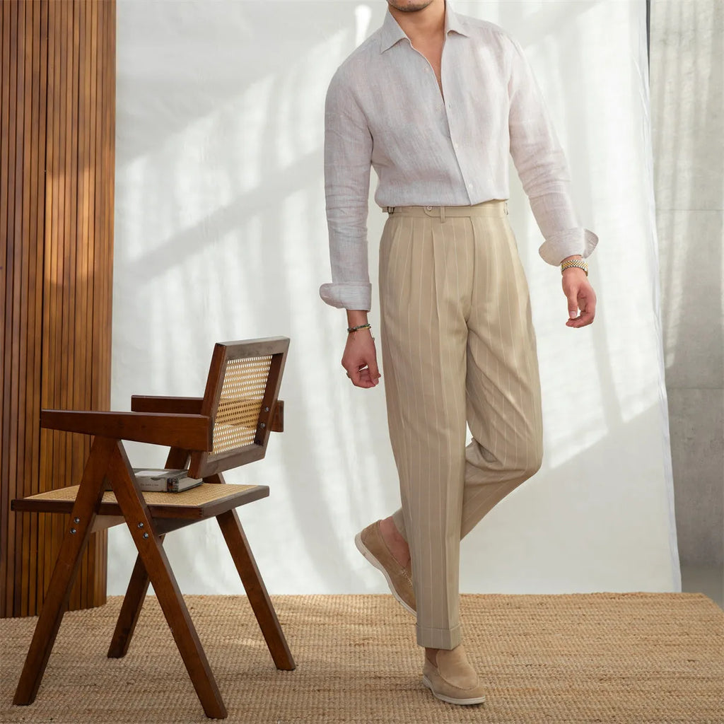 One Neckline Slim Fit Shirt For Men in blue, 100% linen fabric with semi-open collar, front view
