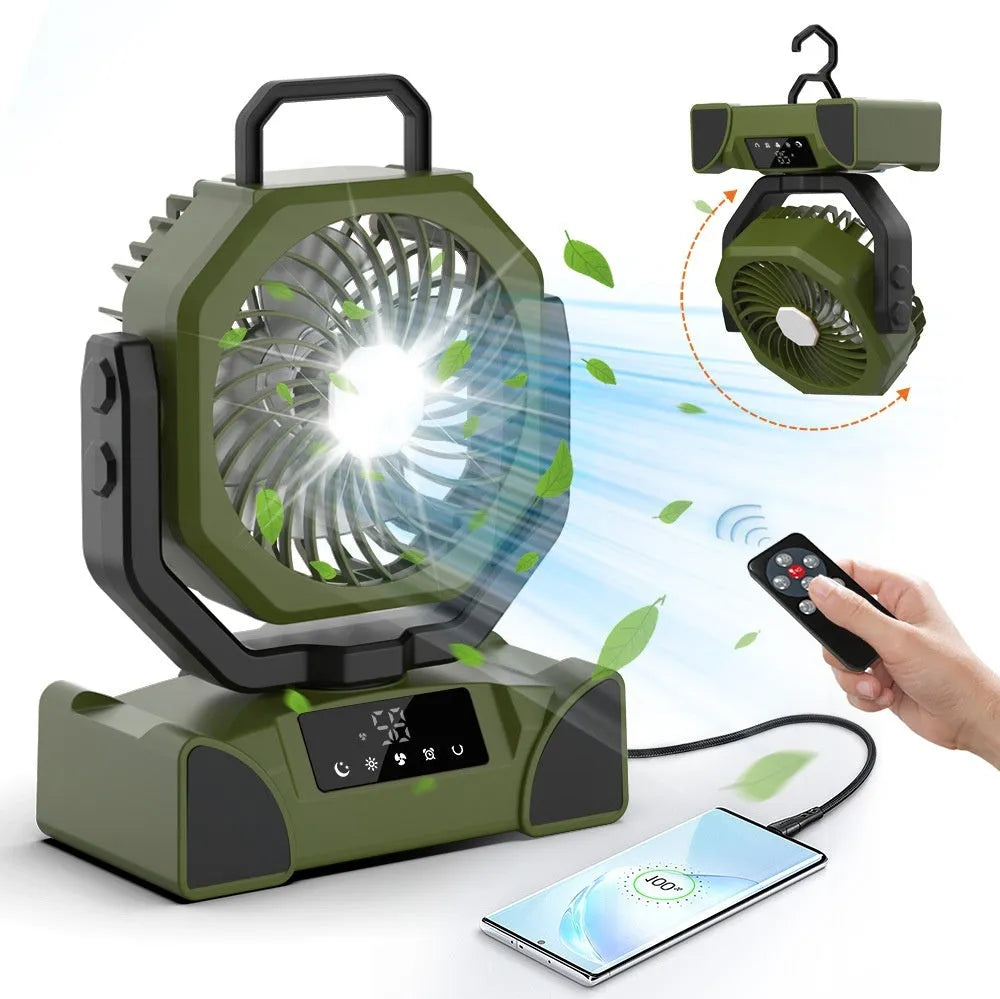Orange, green, or black outdoor solar fan with digital display, touch controls, 207x108x260mm, 12-hour battery life, remote control included.