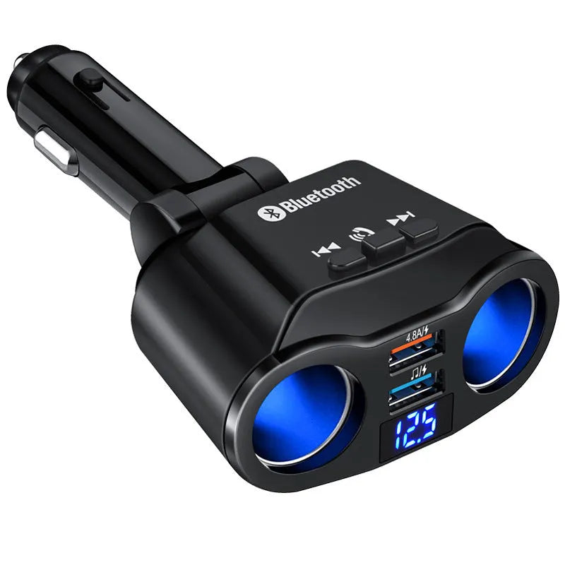 Car Bluetooth receiver and FM transmitter with USB ports plugged into vehicle cigarette lighter socket