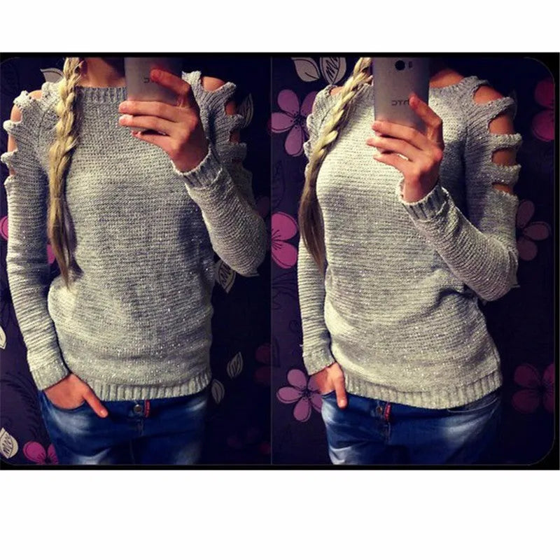 Women's grey knitted shirt with hollow-out crochet pattern, round neck and long sleeves