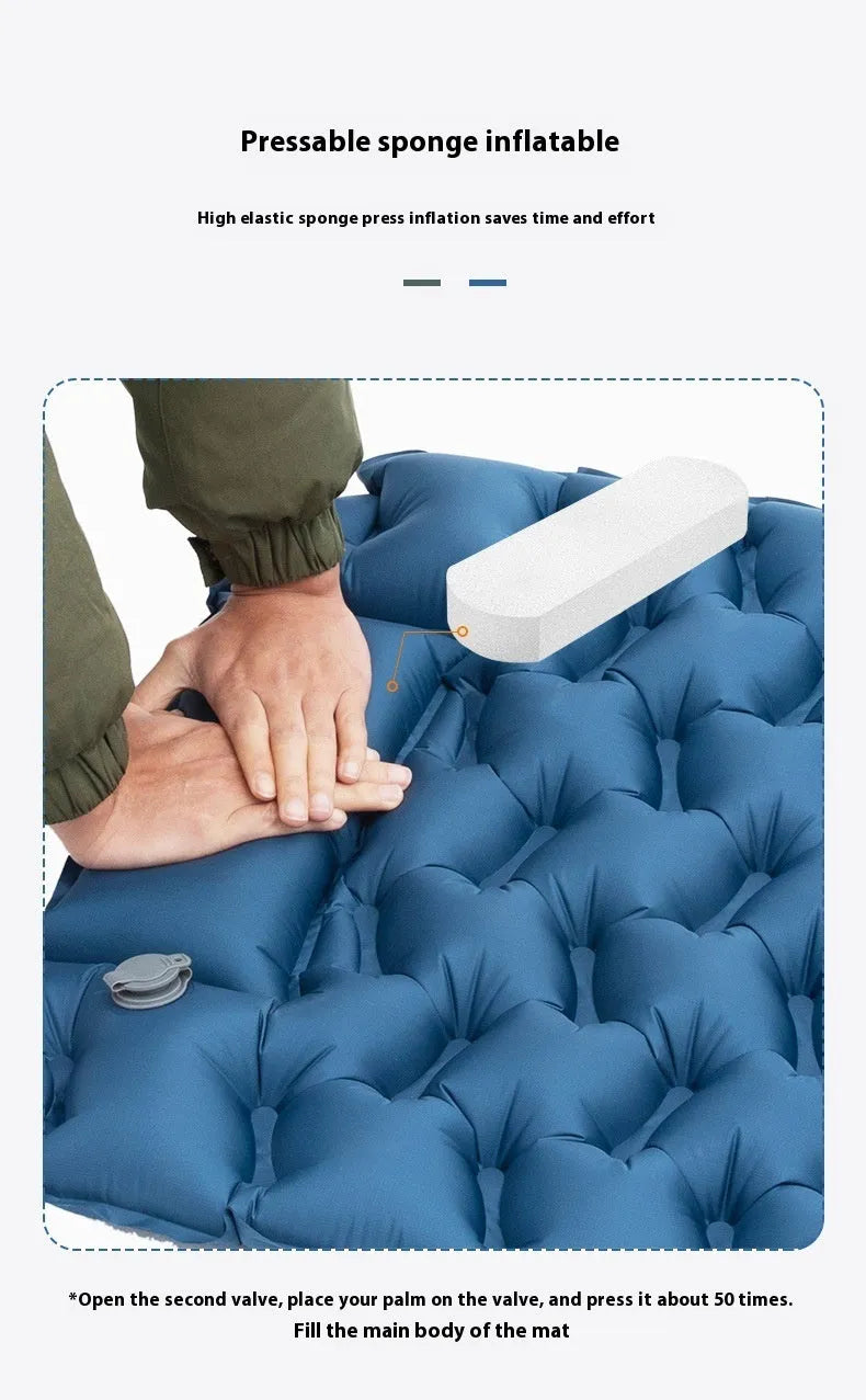 Honeycomb pattern inflatable camping mattress in blue or green colour options