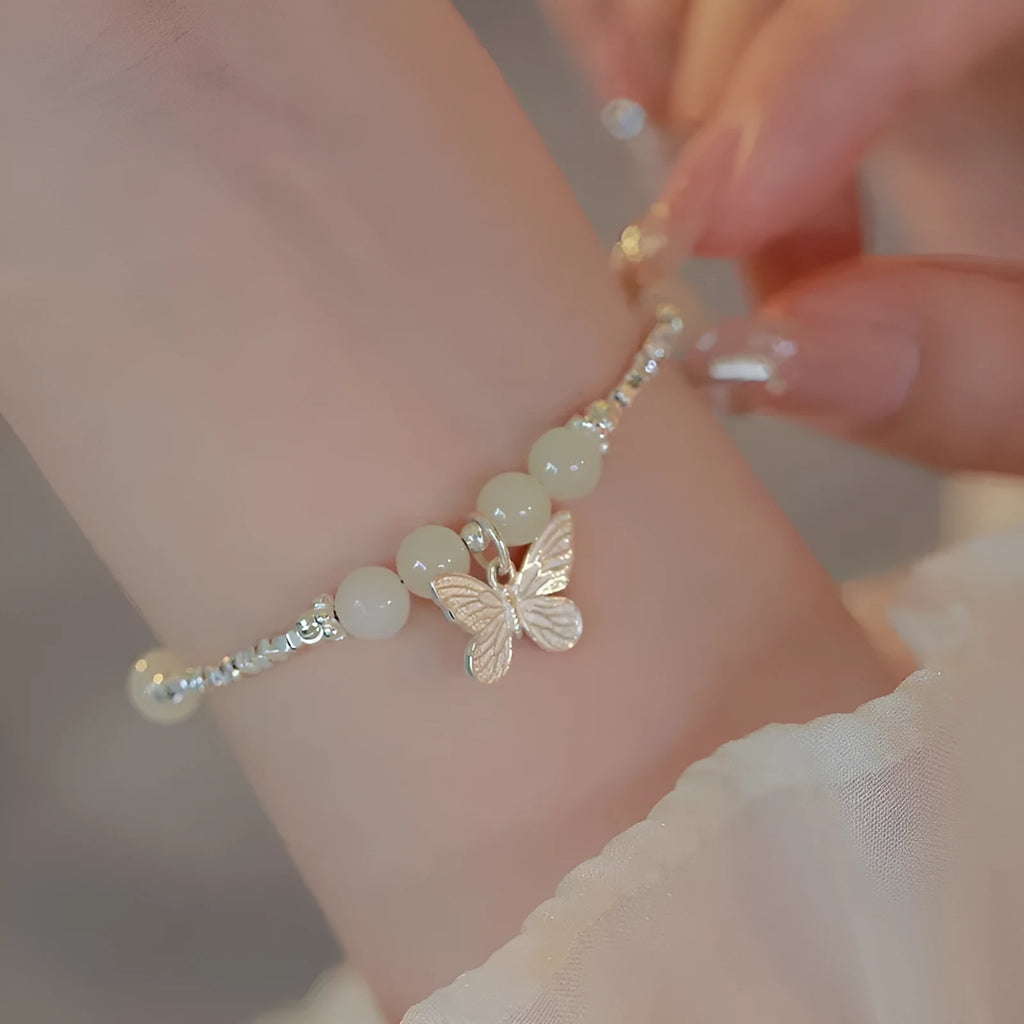 Hetian jade silver butterfly bracelet and necklace set for women