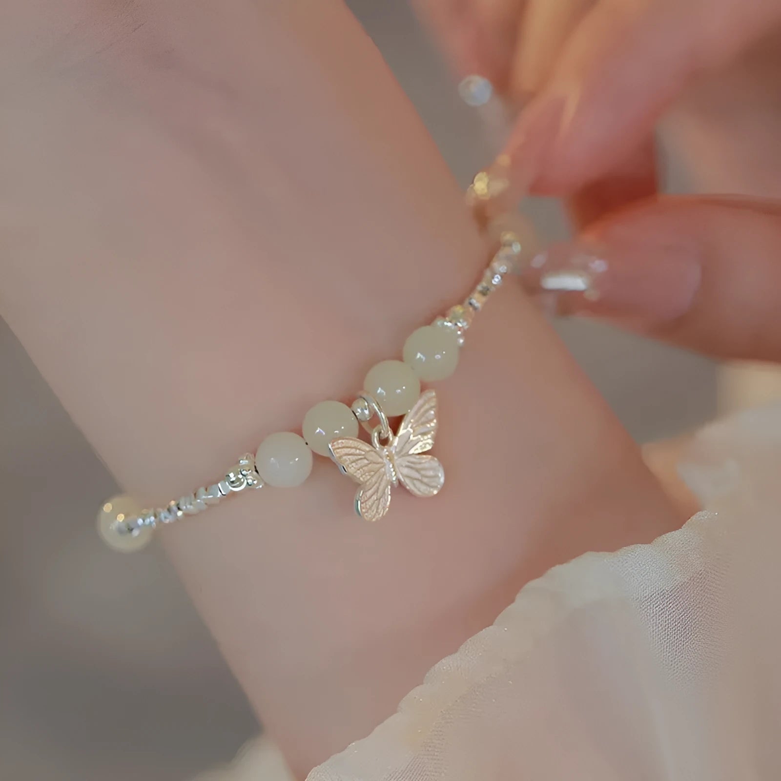 Hetian jade silver butterfly bracelet and necklace set for women
