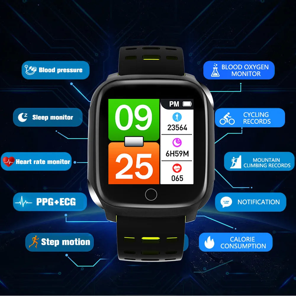 F16 Smart Watch with ECG monitor on a silicone wristband, showing the 43mm IPS display.