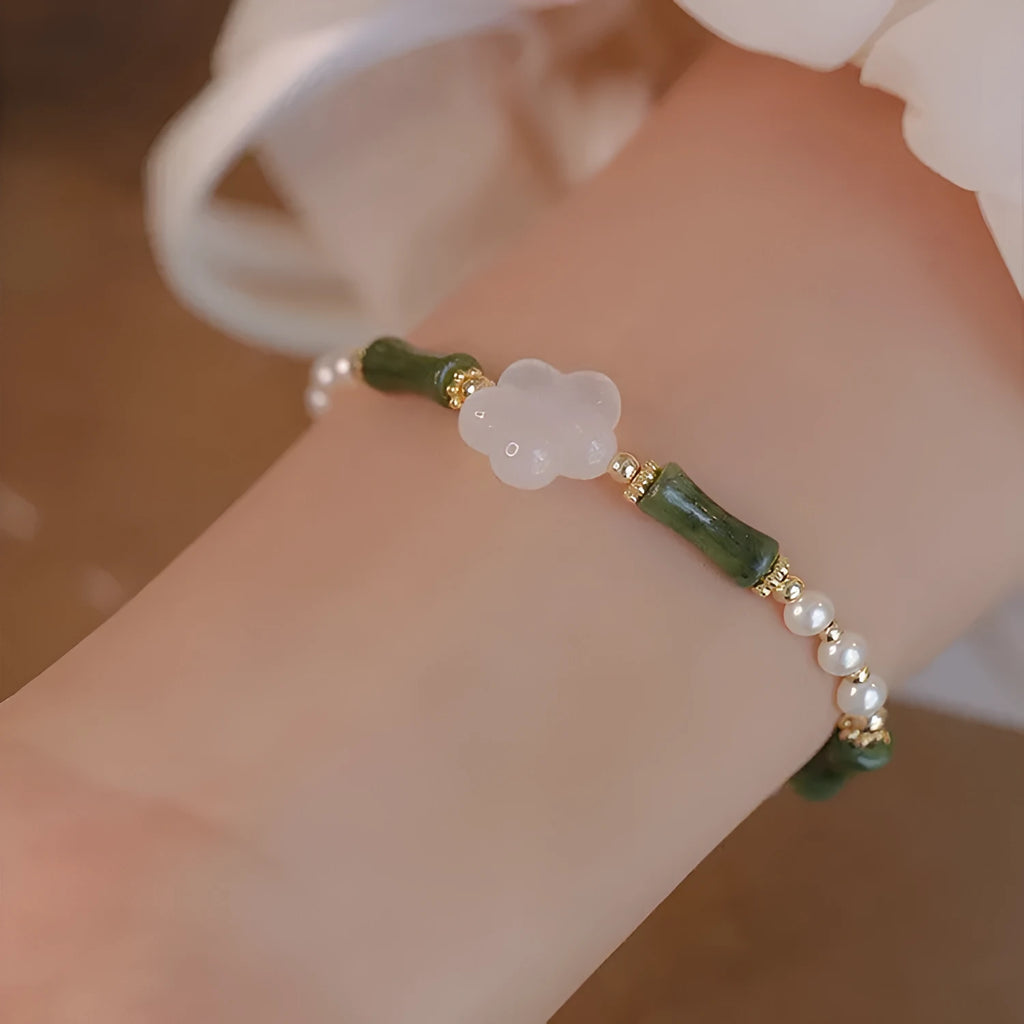Women's antique Chinese style bracelet with bamboo joint design, Hetian jade, and 4mm shell pearls