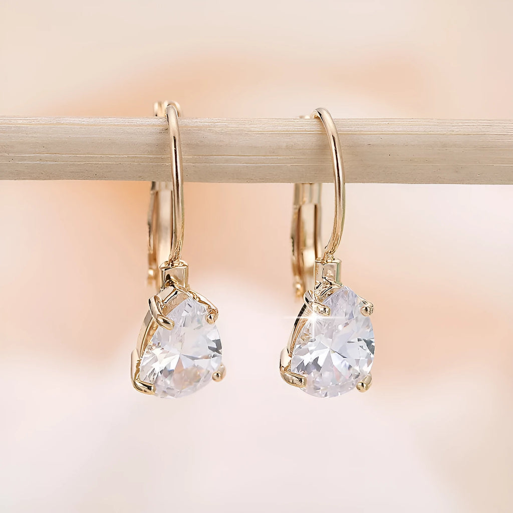 Women's drop-shaped copper earrings with gemstone inlay in gold or platinum colour options