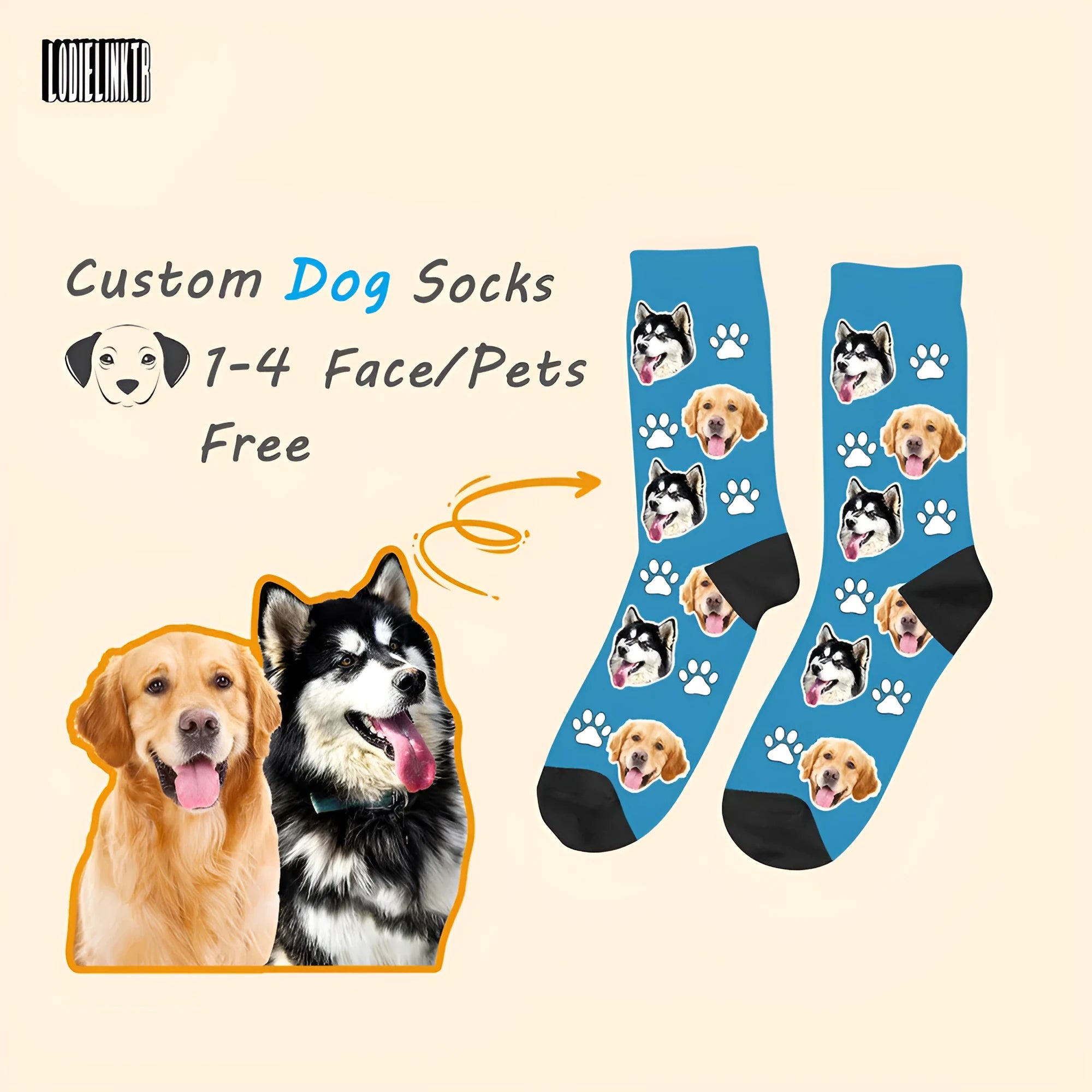 Custom cartoon graphic printed on a pair of coloured mid-calf tube socks made from polyester.