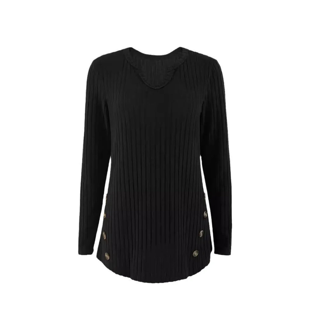 Solid colour knitted button sweater in black or grey green with regular sleeves