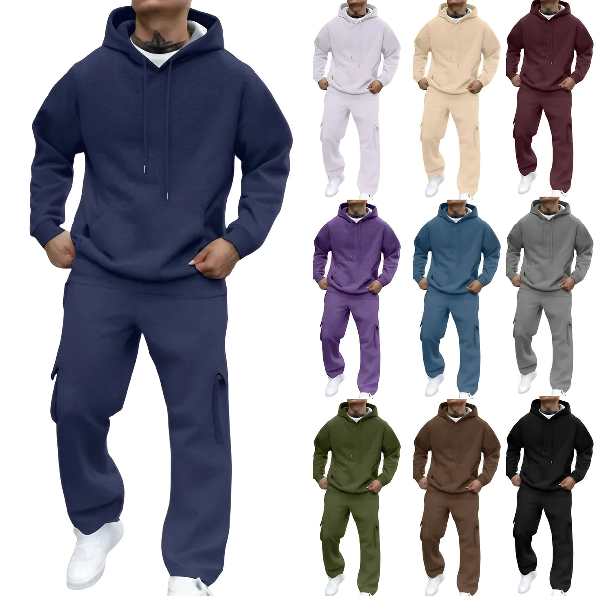 Men's hooded pullover tracksuit set with long-sleeved top and trousers in thickened polyester blend, ten colours, S to 3XL.