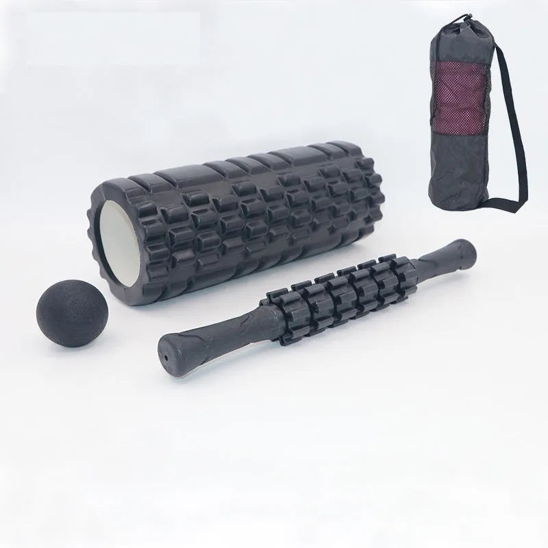 Black six-piece fitness foam massage roller stick, 33 cm long on a white background.