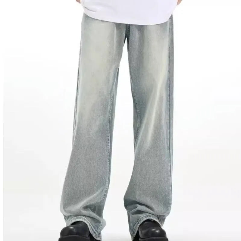 Casual blue retro-style loose trousers made from rabbit fur denim with an elastic fit.
