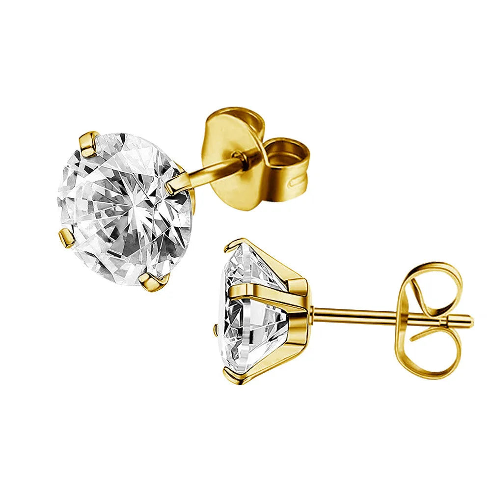 Titanium steel geometric zircon stud earrings with round and square stones in stainless steel construction