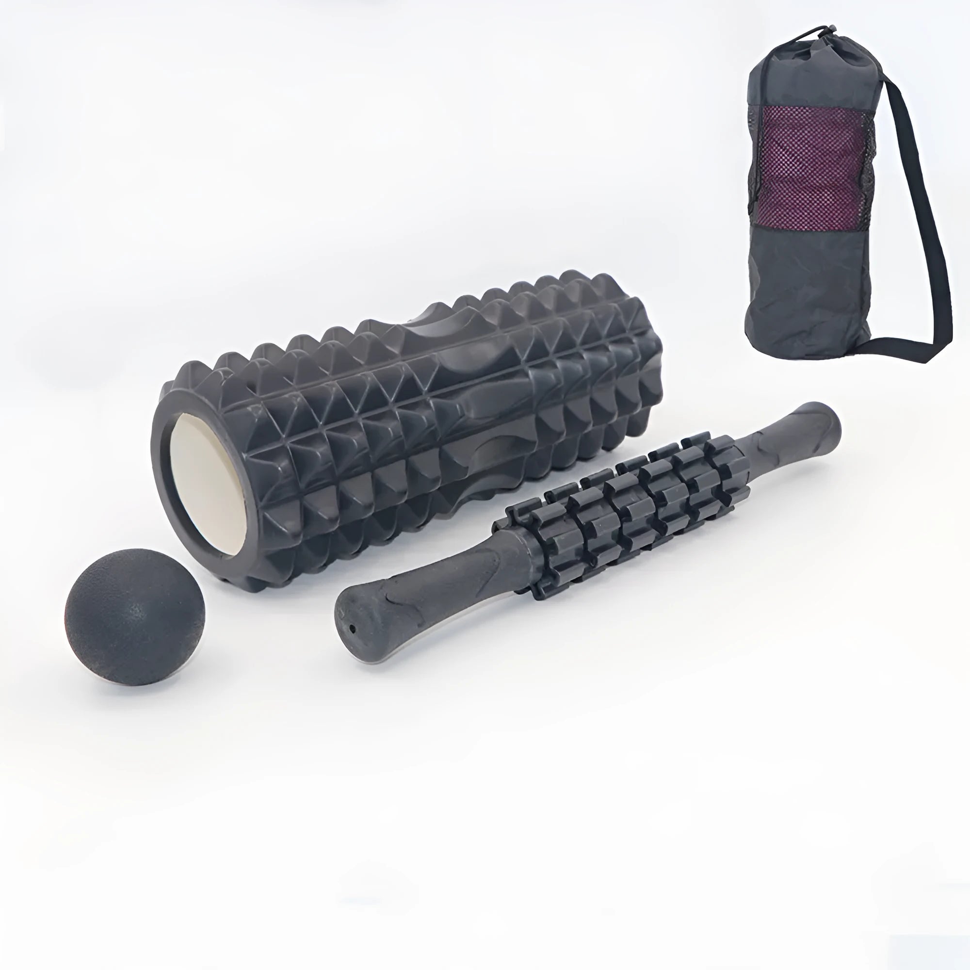 Black six-piece fitness foam massage roller stick, 33 cm long on a white background.