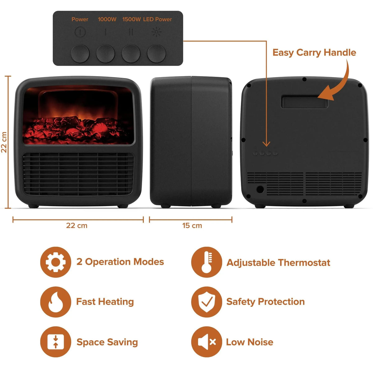 Black or white desktop electric space heater, 220x220x150mm, with ceramic heating, 1000-1500W power, and LED flame effect.