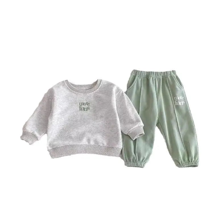 Cotton children's sports suit set with lettered sweater and ankle banded pants in Flower Gray colour