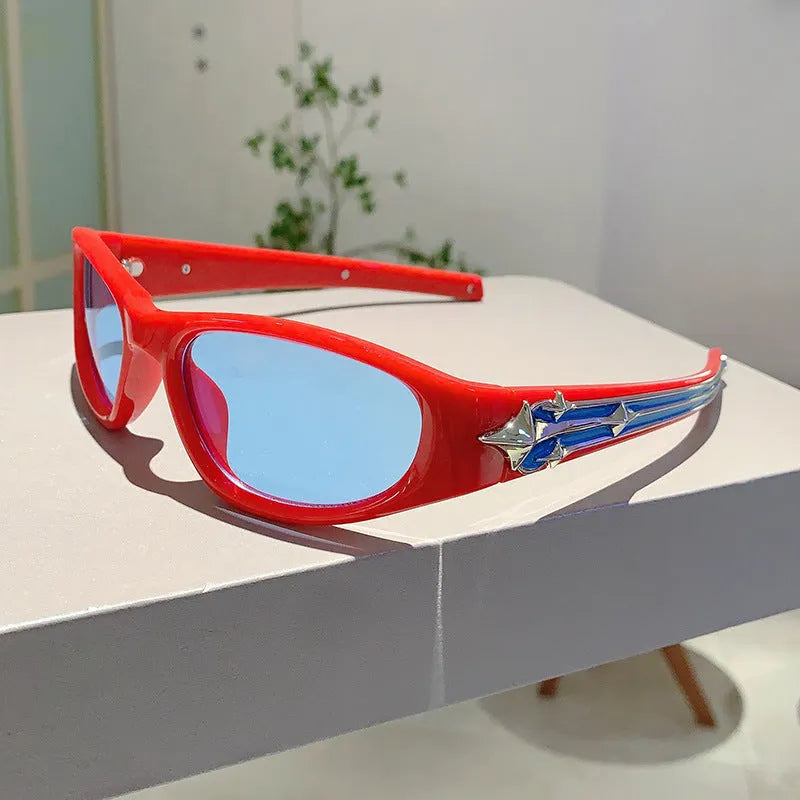 Polycarbonate sunglasses with special-shaped mirror lenses in multiple colour frame options.