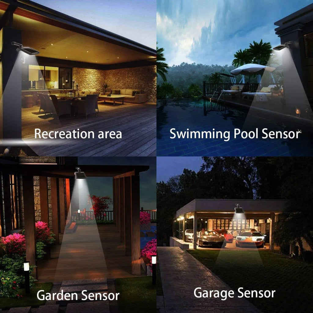 Black 36LED solar-powered wall light with a large sensor and a rotatable mounting pole.