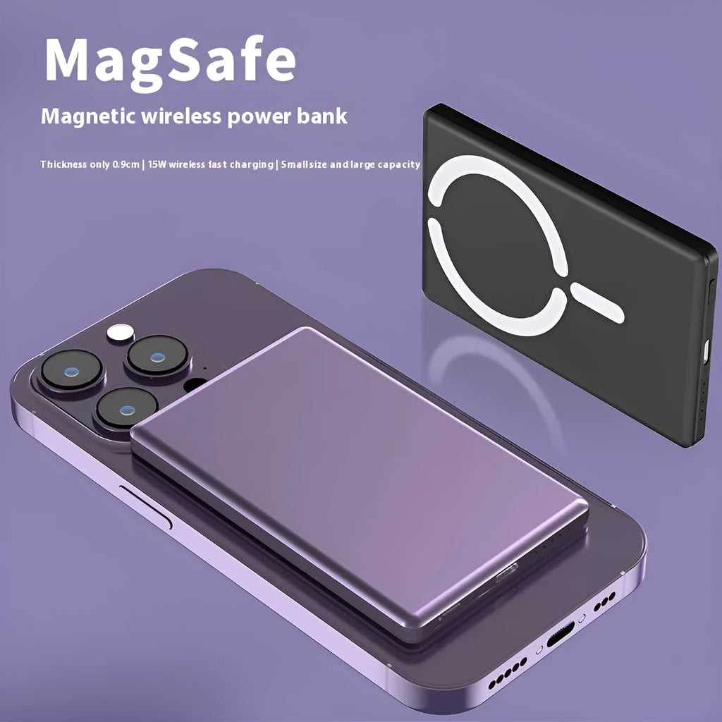 Ultra-thin magnetic power bank with alloy shell showing dark grey, silver, black and violet colour options