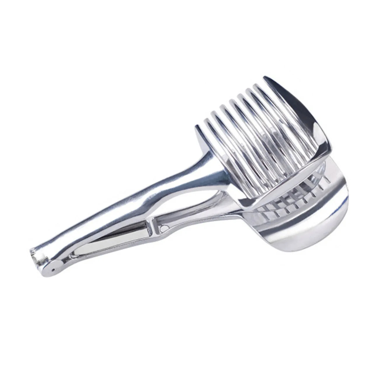 Silver plastic foldable lemon slicer kitchen gadget shown cutting citrus fruit