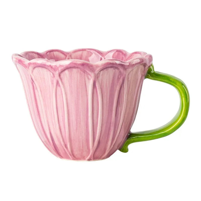 Ceramic breakfast cup with pastoral pattern, showing red and purple colour options.