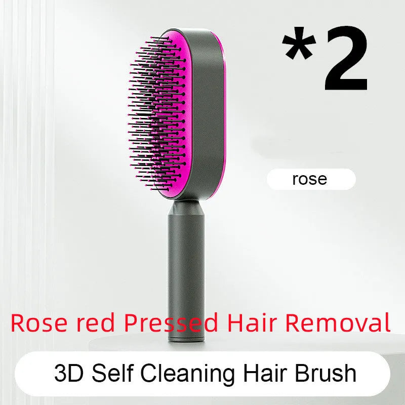 Self-cleaning air cushion hair brush in white, black gold, or black purple with ergonomic handle