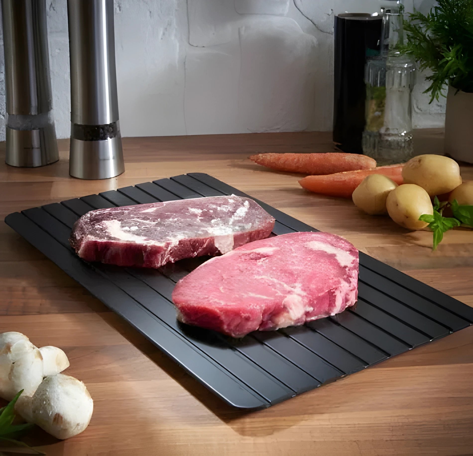 Black aluminium quick defrosting tray for thawing frozen meat without electricity