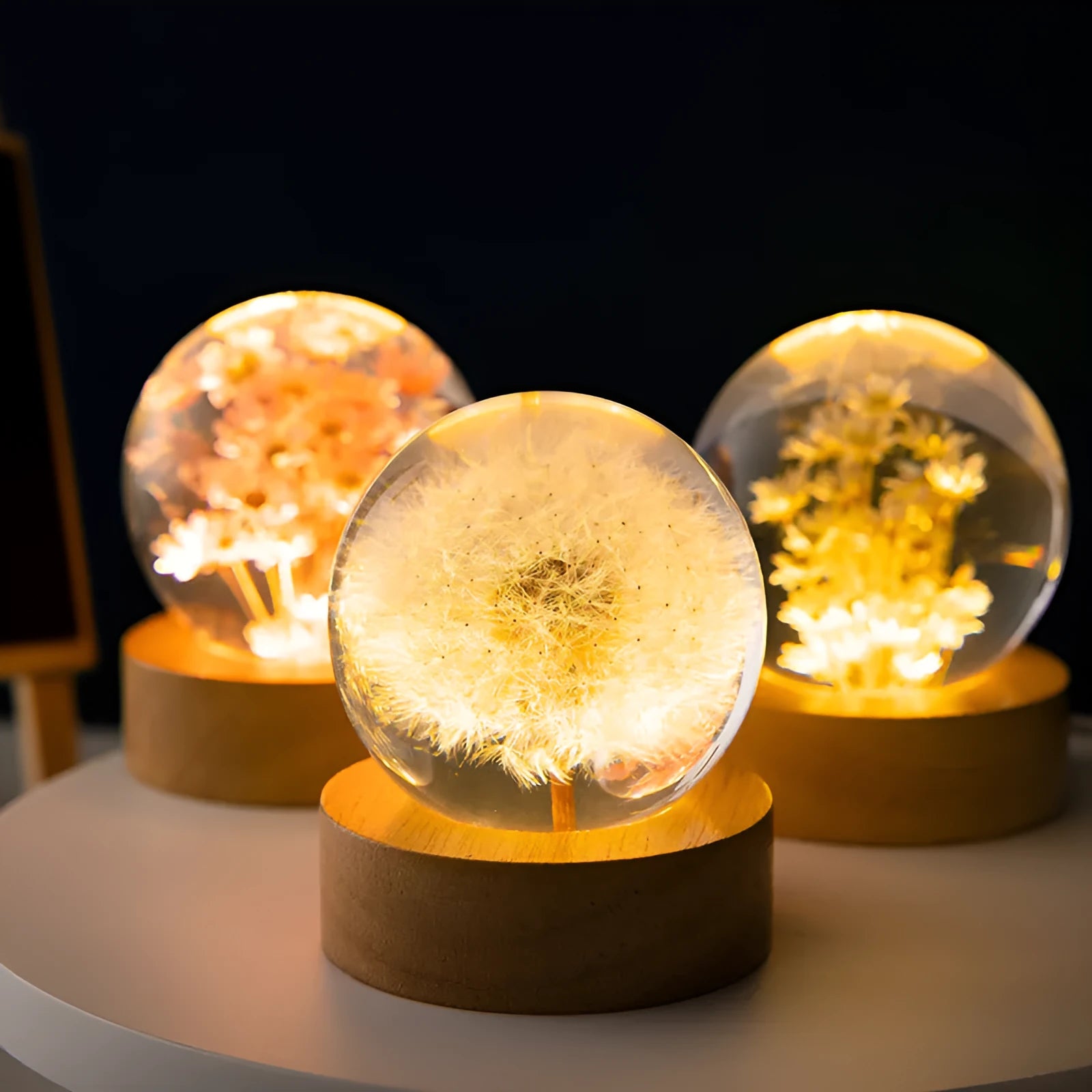 Dandelion crystal ball lamp on beech wood base with USB cable