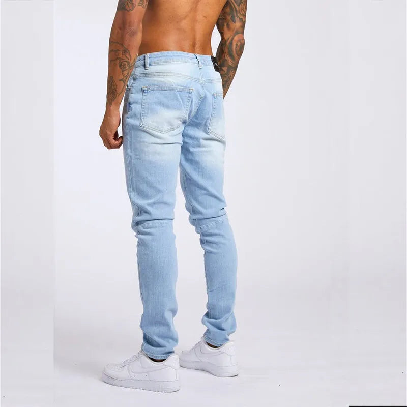 Men's fashion casual slim fit high waist cotton jeans in light blue, solid colour, size 28-36