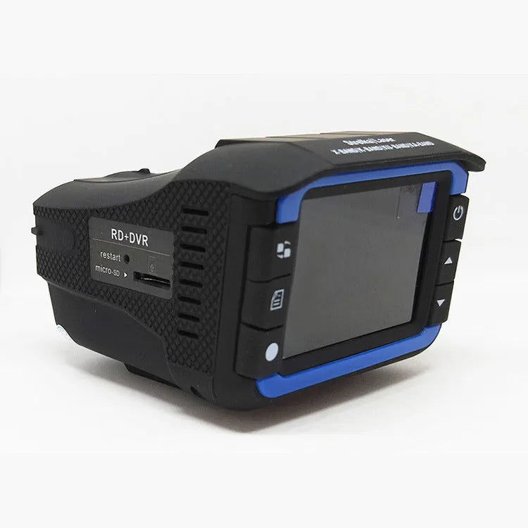 Electronic Dog two-in-one dashcam and radar detector in blue, 140° wide-angle lens, under rearview mirror mount