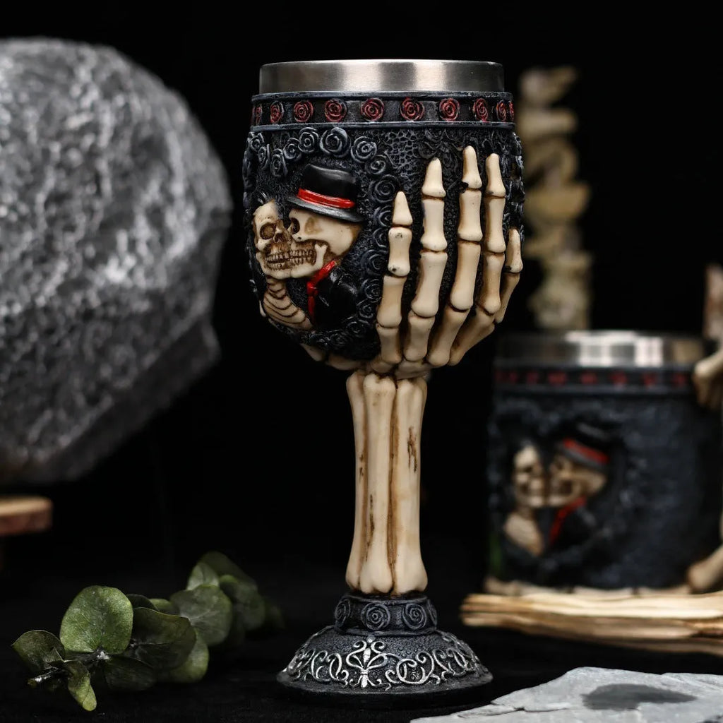 Stainless steel goblet with a red and black resin skeleton design, holding 200ml.