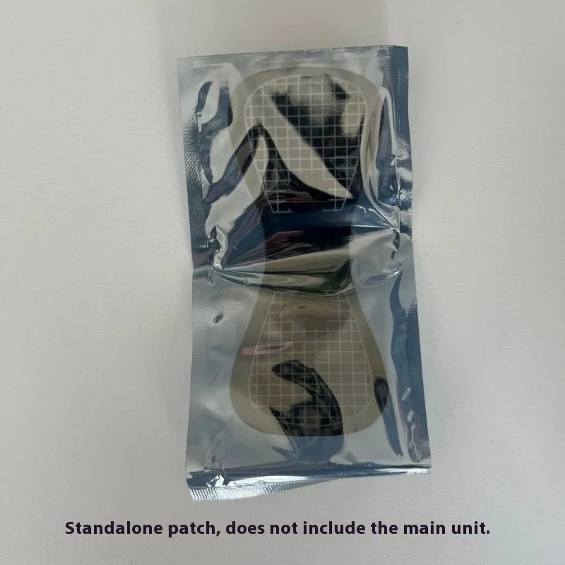 Portable EMS shoulder and neck massage instrument with USB power and ABS shell, shown with remote control and patch options.