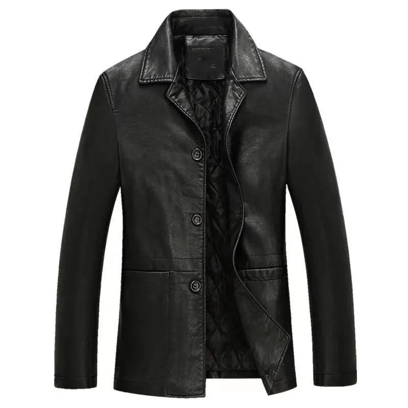 Men's solid colour PU leather polo collar coat with extended 100cm length and tight fit in black